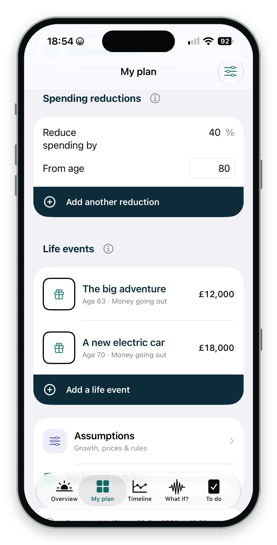 My Plan showing spending reductions and future life events