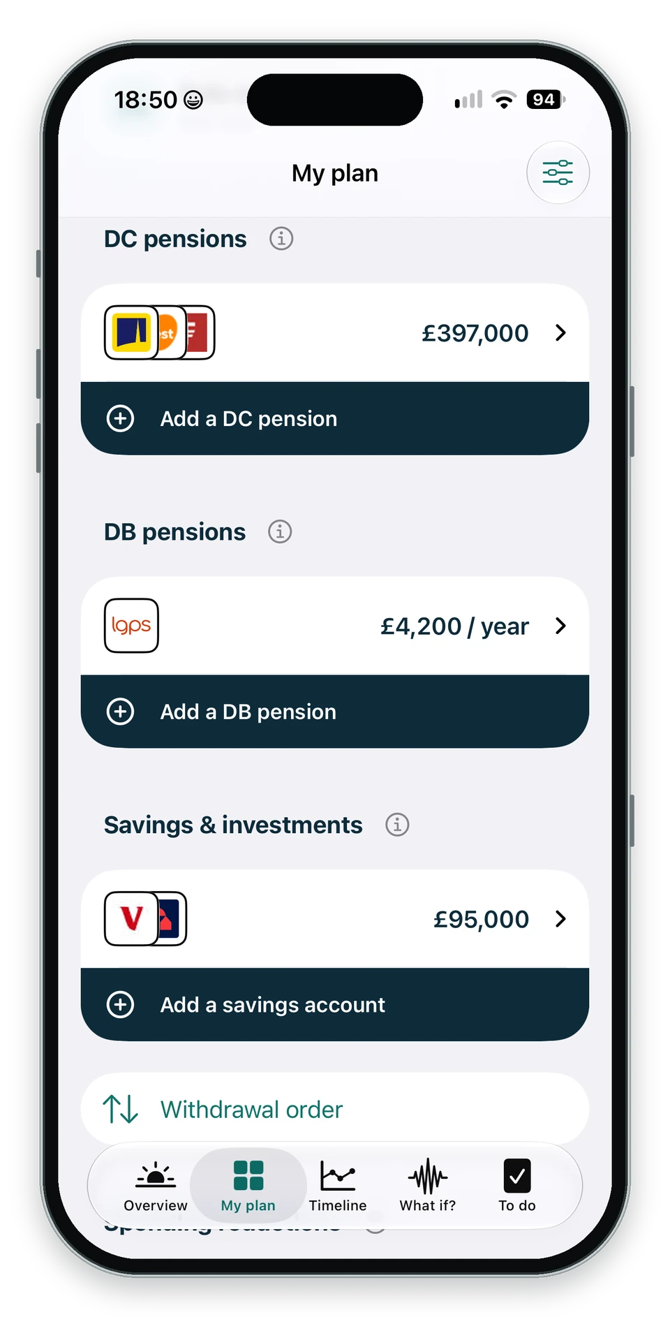 My Plan showing grouped pension and savings accounts with provider logos