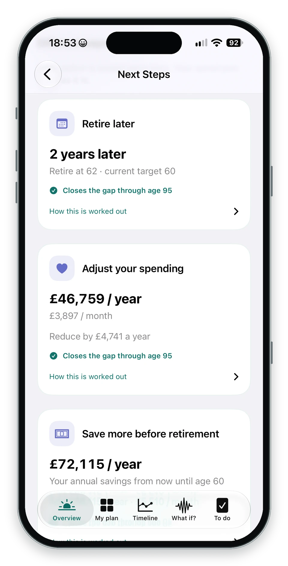 Next Steps with calculated retirement, spending and savings options