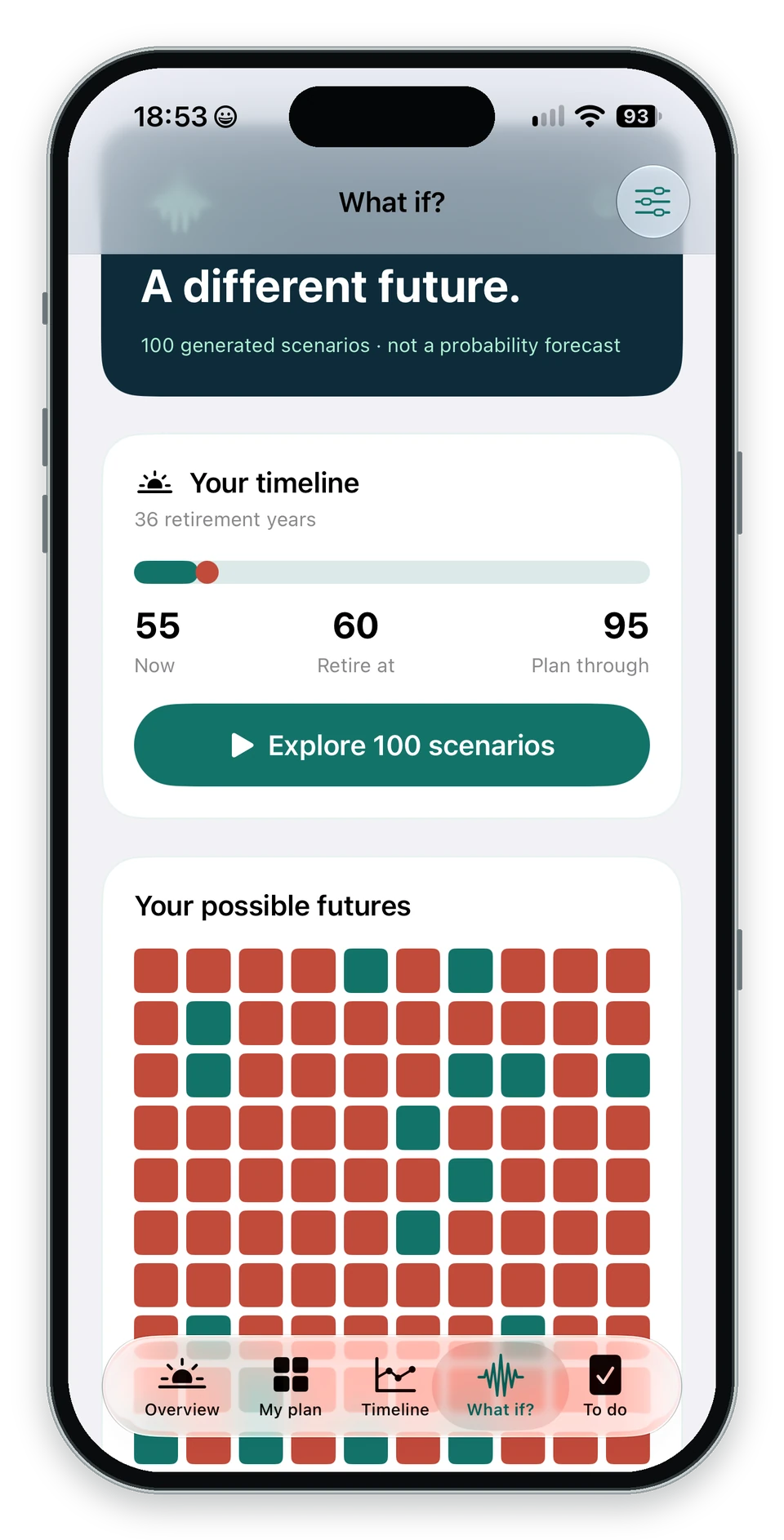 What if screen showing generated scenarios as green and red squares