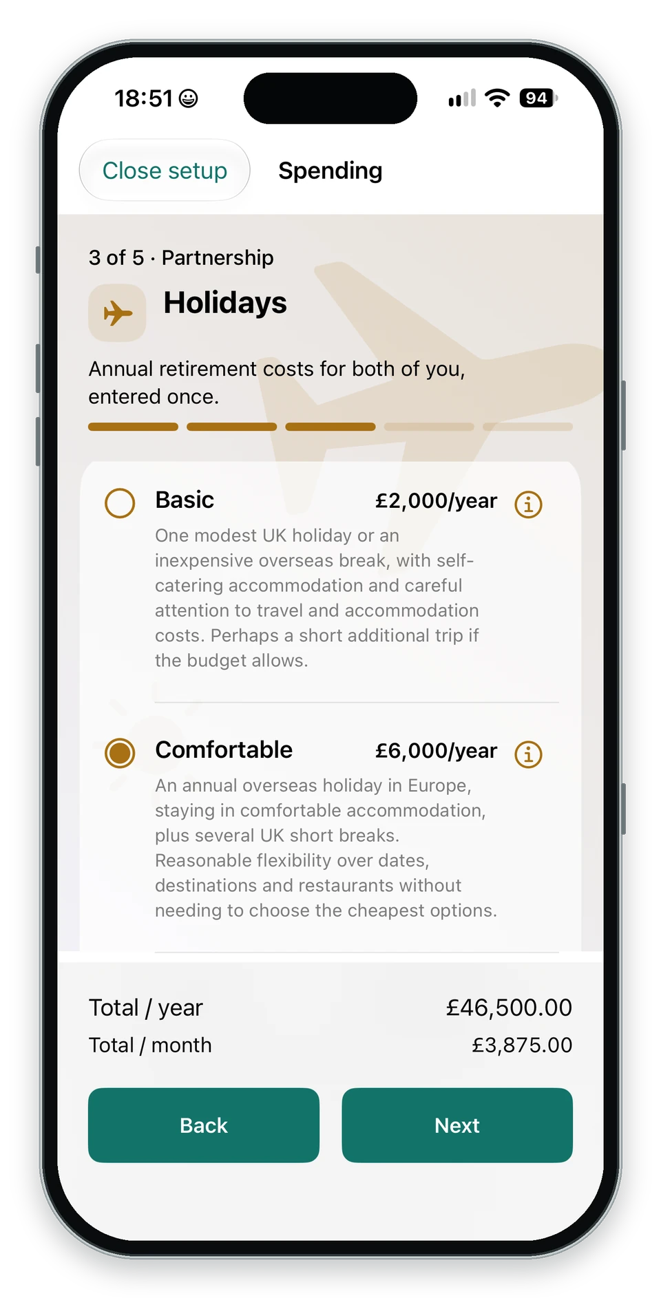 Holiday spending setup with Basic, Comfortable and Luxury lifestyle choices